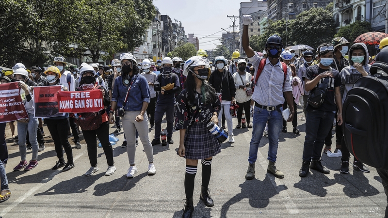 Demonstrators during a protest in Yangon, Myanmar