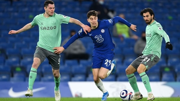 Kai Havertz battles for the ball with Everton's Michael Keane at Stamford Bridge