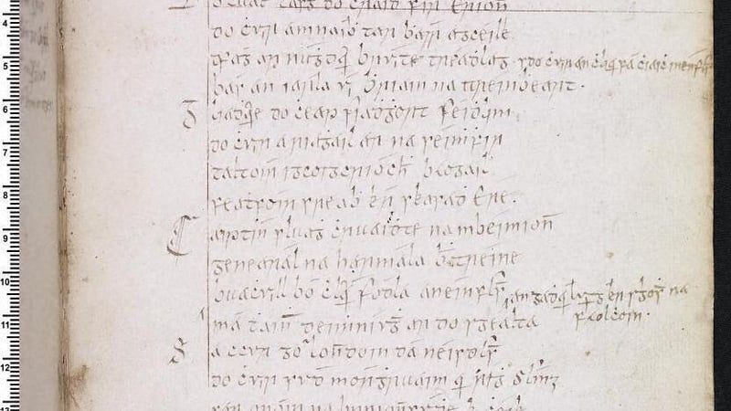 Sliocht as ceann de dhánta Caitilín Dubh. Íomhá le caoinchead ó leabharlann an Ruiséalaigh in Ollscoil Má Nuad agus Script na hÉireann ar an Scáileán