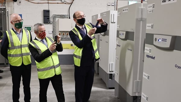Minister for Health Stephen Donnelly takes delivery of the first doses of the Pfizer/BioNTech jab