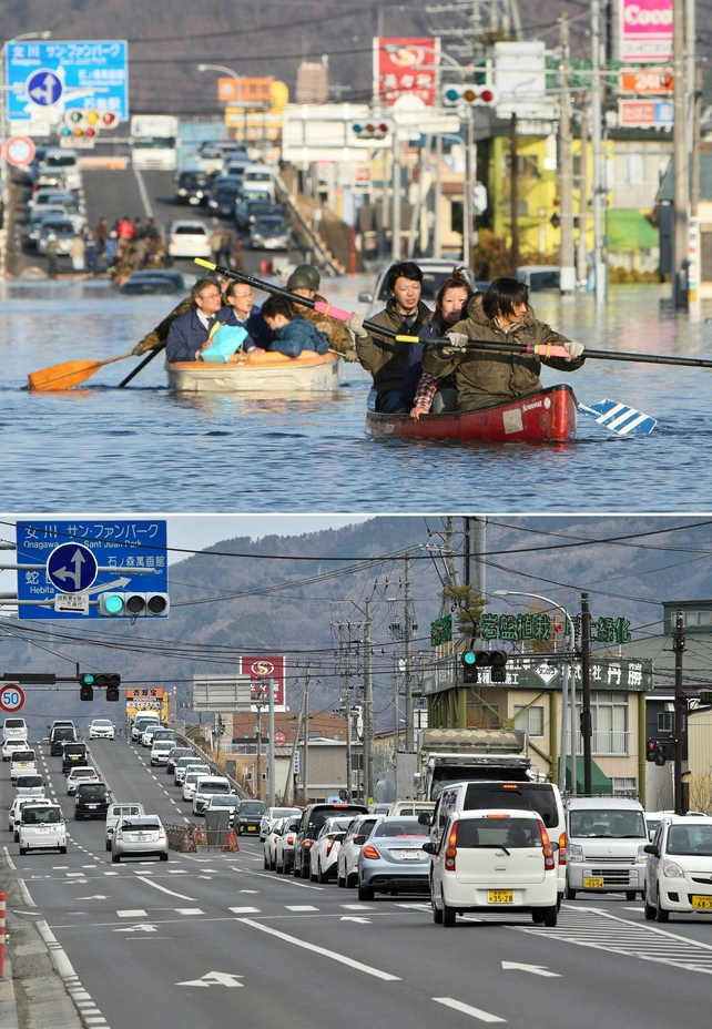 After the tsunami struck Ishinomaki, some people had to evacuate by boat down a flooded road