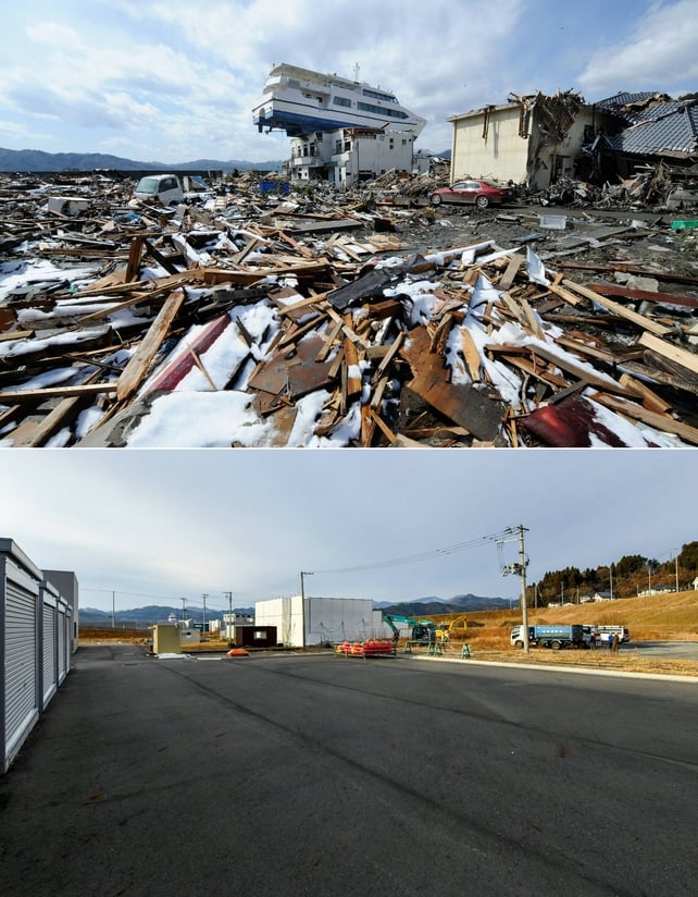 This catamaran sightseeing boat was washed up by the tsunami onto a two-storey home in Otsuchi