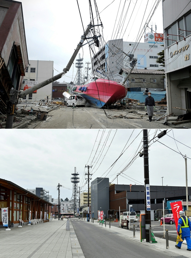 A boat was washed onto a street in Ishinomaki. The area has changed considerably in the past ten years