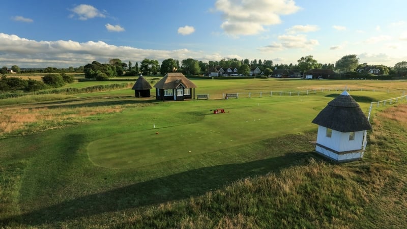A view of the first tee with the clubhouse behind at Royal St. George's Golf Club