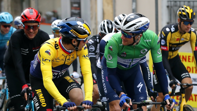 Primoz Roglic and Sam Bennett sporting the Yellow and Green jerseys respectively