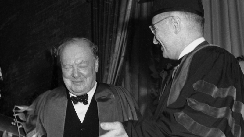 Winston Churchill (left) in Fulton, Missouri where he first mentioned the words 'Iron Curtain' in 1946 - Harry Truman is also pictured