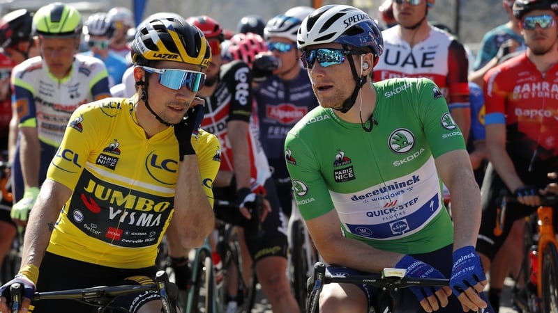 Primoz Roglic (L) with Sam Bennett