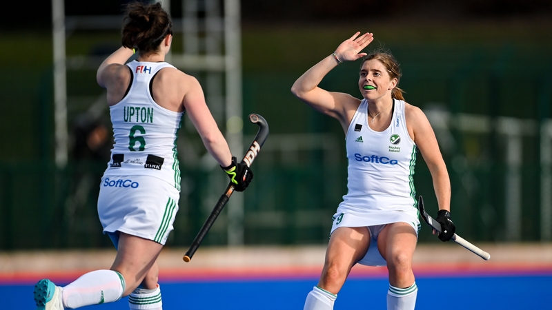 Roisin Upton of Ireland celebrates with team-mate Katie Mullan after putting Ireland in front