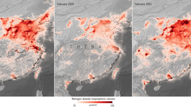 Imaging from the ESA shows the levels of nitrogen dioxide over China (Pics: European Space Agency)