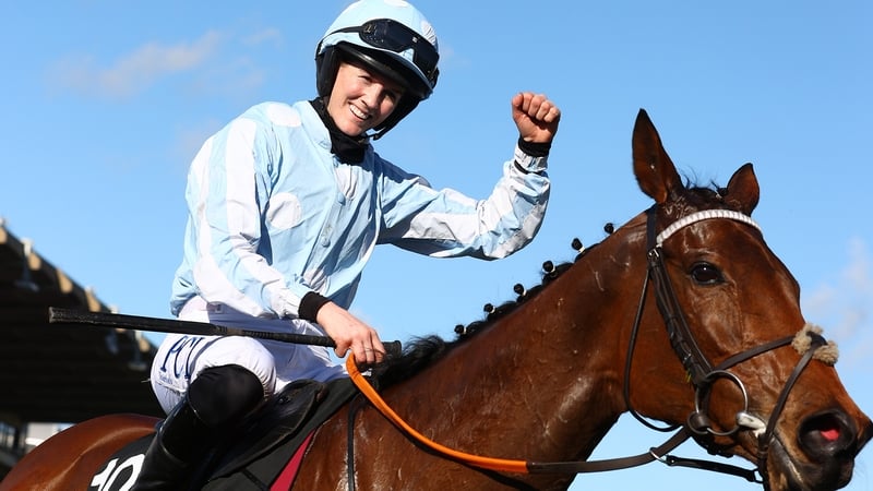 Rachael Blackmore celebrates on Honeysuckle at Prestbury Park