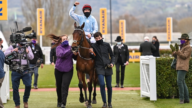 Telmesomethinggirl and Rachael Blackmore are led into the winners enclosure
