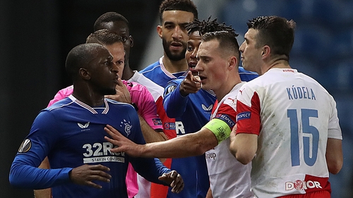 Glen Kamara (L) clashes with Ondrej Kudela