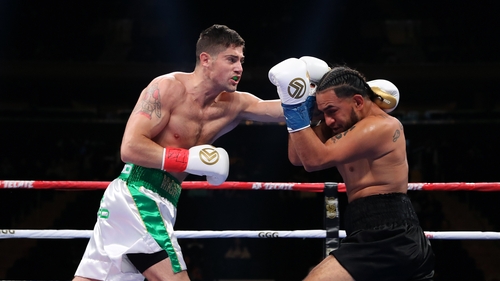 Joe Ward, left, during his Light Heavy bout with Marco Delgado at Madison Square Garden in 2019