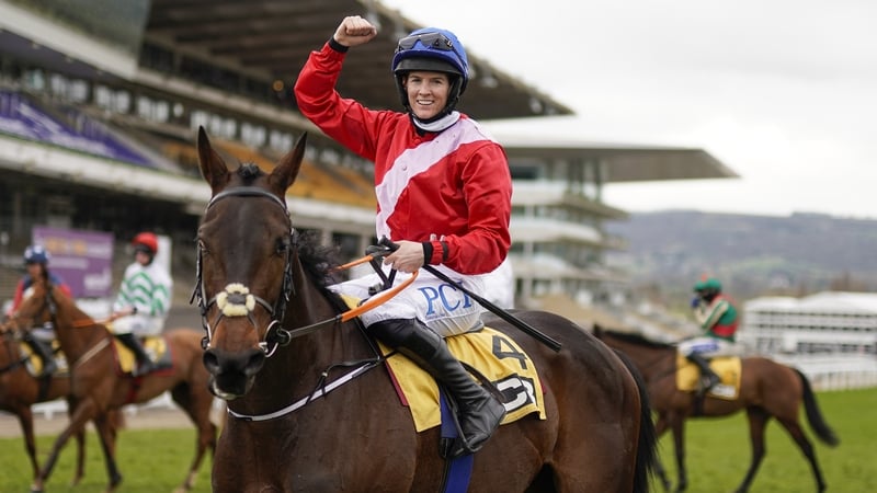 Rachael Blackmore celebrates after riding Quilixios to win The JCB Triumph Hurdle
