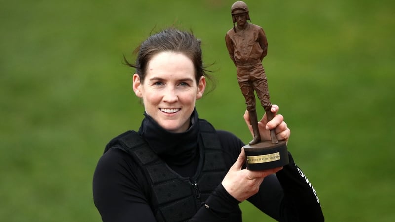 Rachael Blackmore poses with the Ruby Walsh Trophy awarded to the top jockey at the Cheltenham Festival
