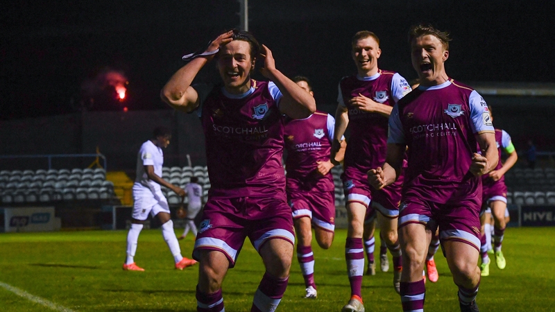 James Brown of Drogheda United, left, celebrates after the late goal