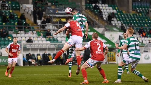 Aaron Greene rises high to head home the Shamrock Rovers equaliser