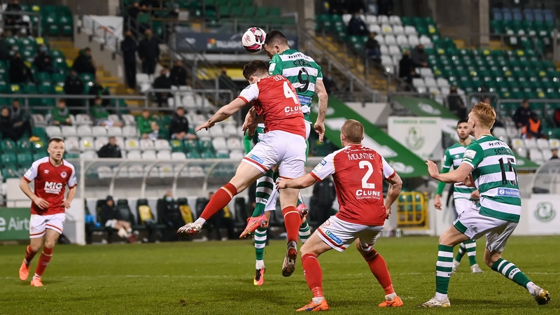 Aaron Greene rises high to head home the Shamrock Rovers equaliser