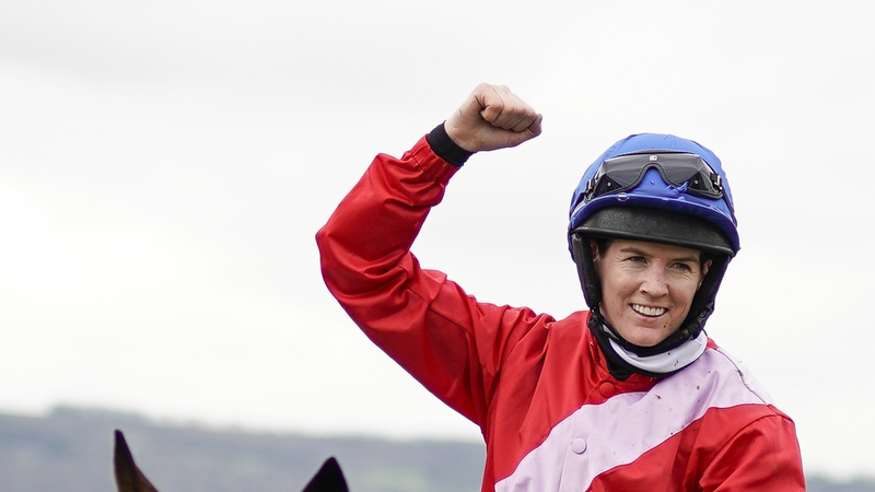 Rachael Blackmore celebrates after riding Quilixios to win The JCB Triumph Hurdle