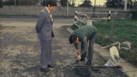 Fran Hall fills a pothole with Instant Road Repair, 1981.