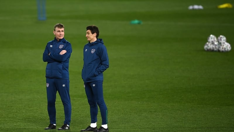 Stephen Kenny and coach Keith Andrews look on as Ireland train at the Red Star Stadium ahead of their World Cup qualifying opener in Serbia