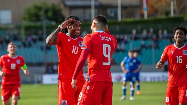 Danel Sinani of Luxembourg celebrates with Gerson Rodrigues after scoring the second goal against Cyprus in the Nations League