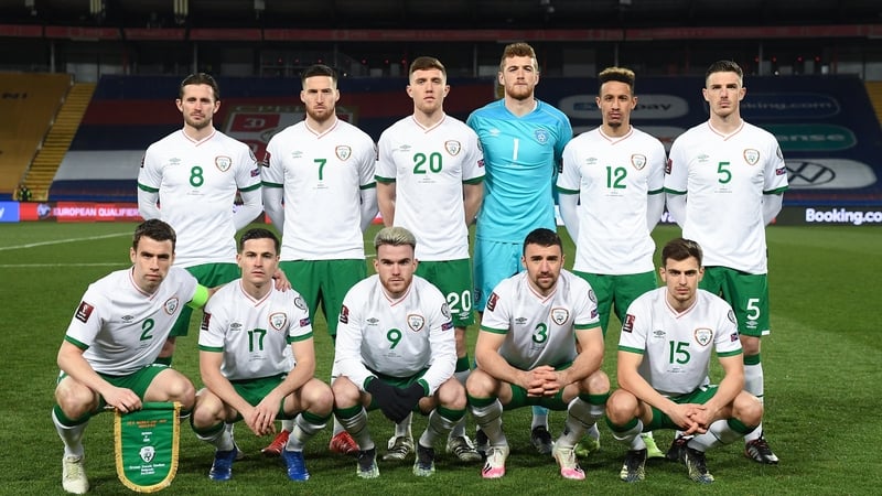 Top row, from left, Alan Browne, Matt Doherty, Dara O'Shea, goalkeeper Mark Travers, Callum Robinson and Ciaran Clark. Bottom row, from left, captain Seamus Coleman, Josh Cullen, Aaron Connolly, Enda Stevens and Jayson Molumby