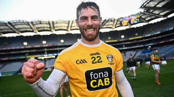 Neil McManus celebrates after Antrim's Joe McDonagh Cup win last December
