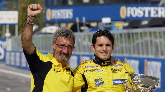 Eddie Jordan with driver Giancarlo Fisichella together at the Brazilian Grand Prix 2003