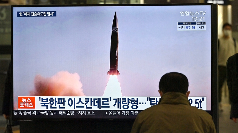 Footage of North Korea's tactical guided projectile test is shown on TV screens in Seoul, south Korea
