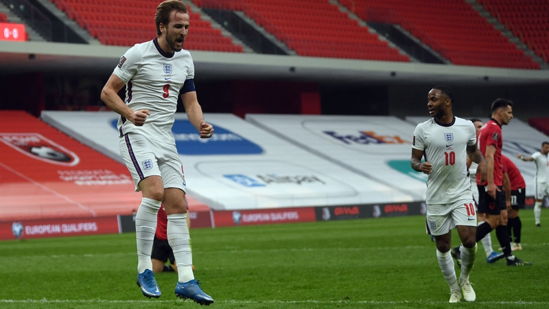 Harry Kane celebrates his goal at Arena Kombetare in Tirana