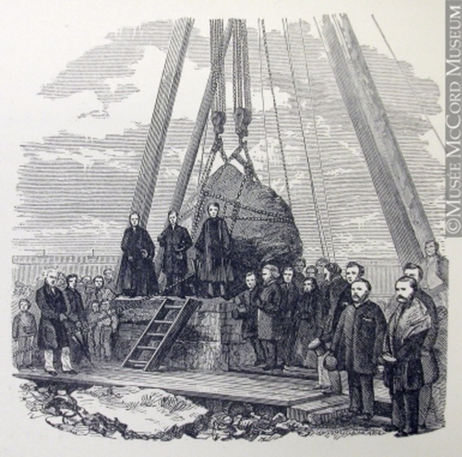 A depiction of the laying of the 'Black Rock' of Montreal, marking the graves of 6000 Irish iimmigrants near Victoria Bridge (1860). Gift of Mr. David Ross McCord. M15934.45 © McCord Museum