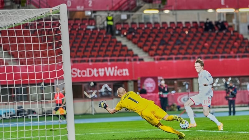 Andreas Skov Olsen with Denmark's opener.