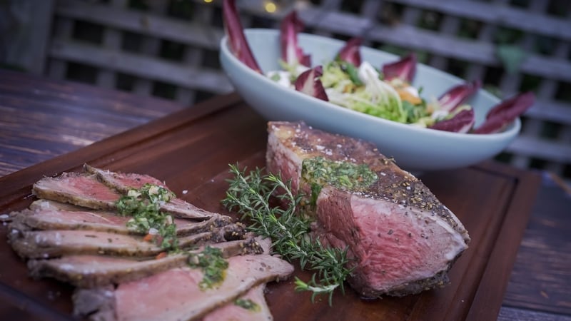 Catherine's butterflied leg of lamb with chimichurri and pistachio, carrot, grape and goat's cheese salad