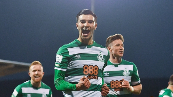 Mandroiu celebrating his first goal for Rovers