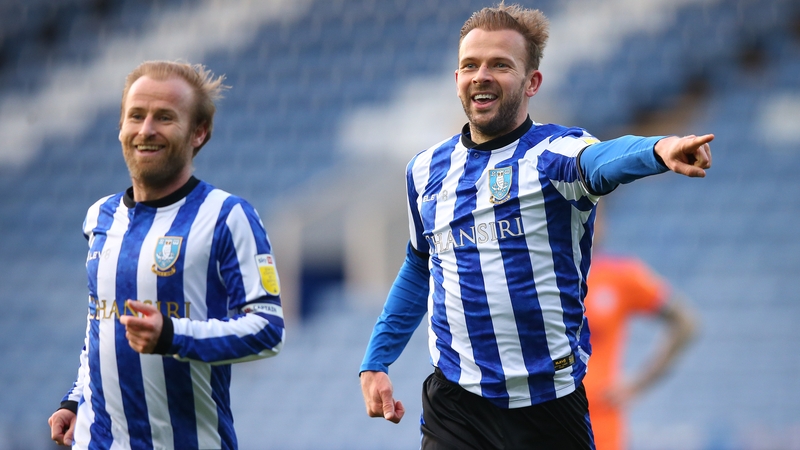 Jordan Rhodes (R) and Barry Bannan celebrate Rhodes' goal for Sheffield Wednesday
