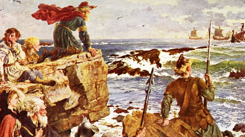 Viking conquest of England and Ireland - Viking ships sailing up the English Channel, 877. From painting by Herbert A. Bone (Image by Culture Club/Getty Images)