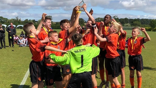 St Kevin's Boys celebrate beating Manchester United in the 2019 U-13 Oakham Tournament