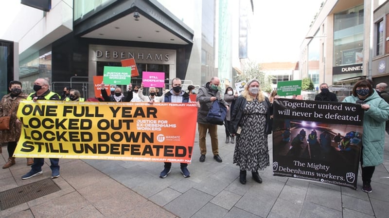 Debenhams protestors outside of the former Henry Street branch of the retailer in Dublin