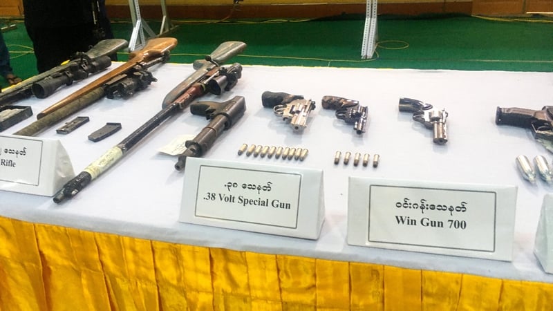 Weapons, the junta said were confiscated by security forces from protesters arrested while taking part in demonstrations