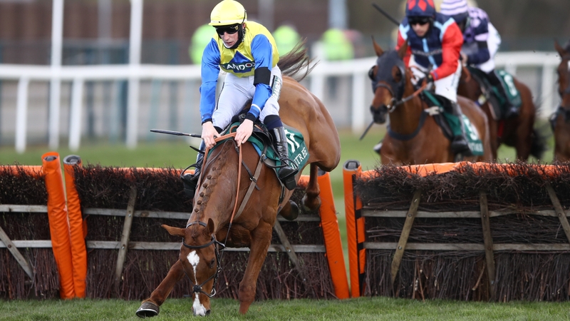Hometown Boy pecks on landing after jumping the last in the EFT Systems Handicap Hurdle