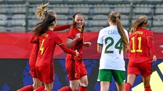 Tine De Caigny, centre, of Belgium celebrates after scoring her side's first goal at King Baudouin Stadium