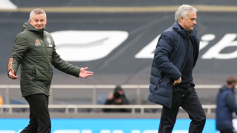 Ole Gunnar Solskjaer and Jose Mourinho leave the pitch after the game with rather different expressions