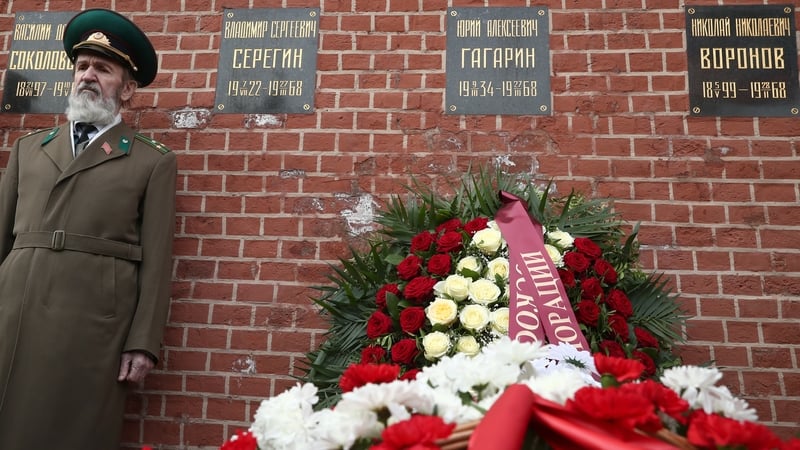 A ceremony to lay flowers at the grave of Soviet cosmonaut Yuri Gagarin in the Kremlin Wall Necropolis in Moscow