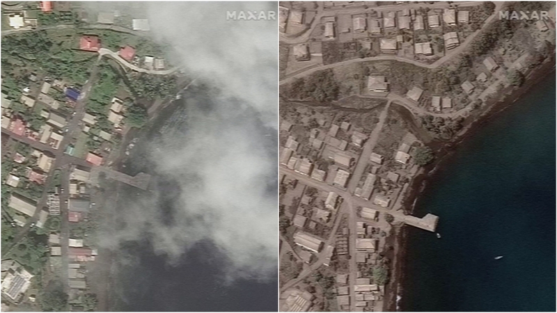 The satellite images were shot before and after the eruption of a volcano on Saint Vincent (Credit: Satellite Image/Maxar Technologies)