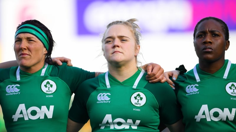 The Ireland front row, from left, Lindsay Peat, Cliodhna Moloney and Linda Djougang