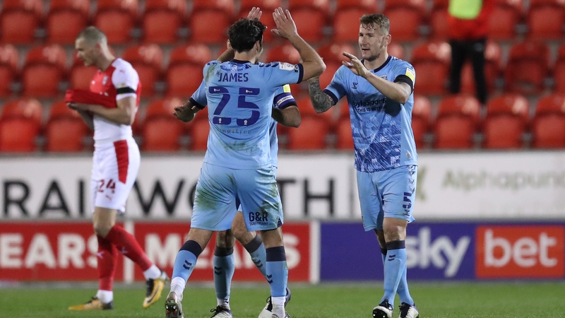 Coventry City players Kyle McFadzean and Matthew James react at the full-time whistle