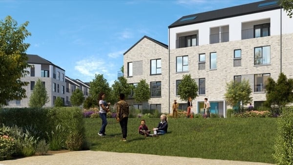 A computer-generated image of the proposed development of 221 homes on the lands of the former Devoy Barrack in Naas in Co Kildare