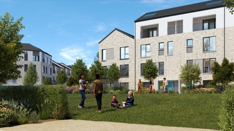 A computer-generated image of the proposed development of 221 homes on the lands of the former Devoy Barrack in Naas in Co Kildare