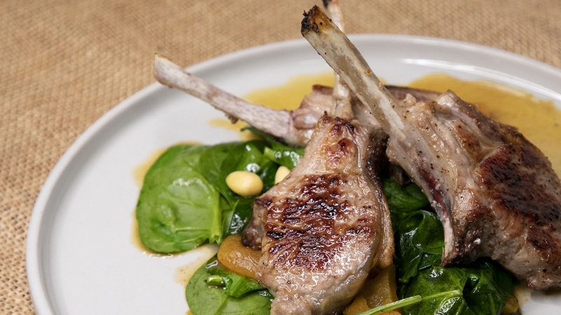 Paul Flynn's grilled lamb chops with spinach, cumin, almonds and apricots.
